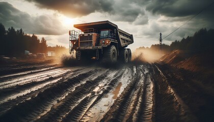 Fototapeta premium Heavy-Duty Truck Navigating Muddy Terrain on Construction Site