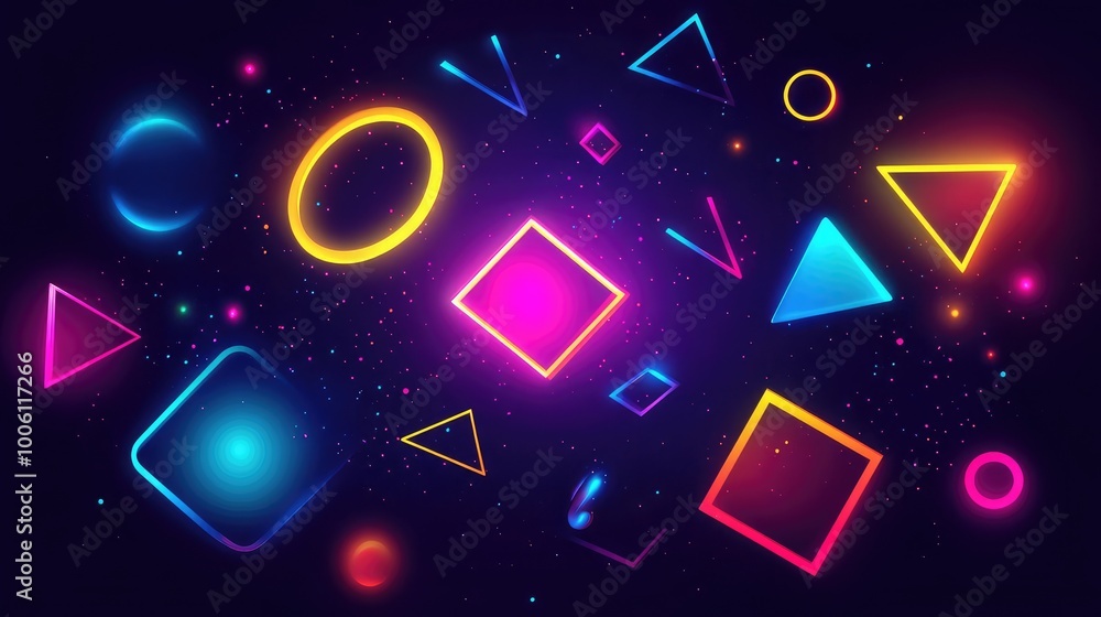 Poster Bright neon shapes in various sizes and colors floating against a dark background, creating a dynamic abstract design.