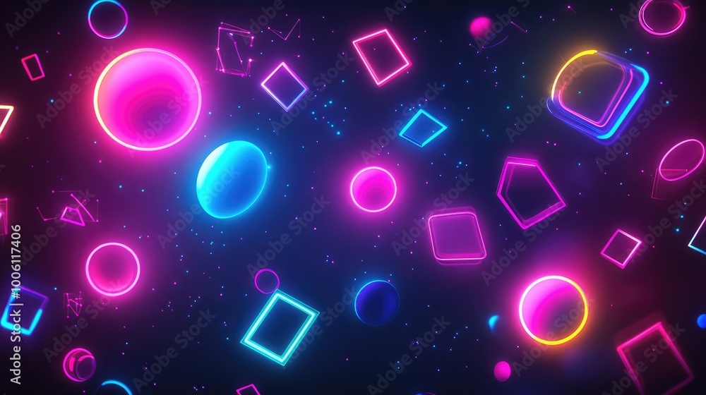 Poster Bright neon shapes in various sizes and colors floating against a dark background, creating a dynamic abstract design.
