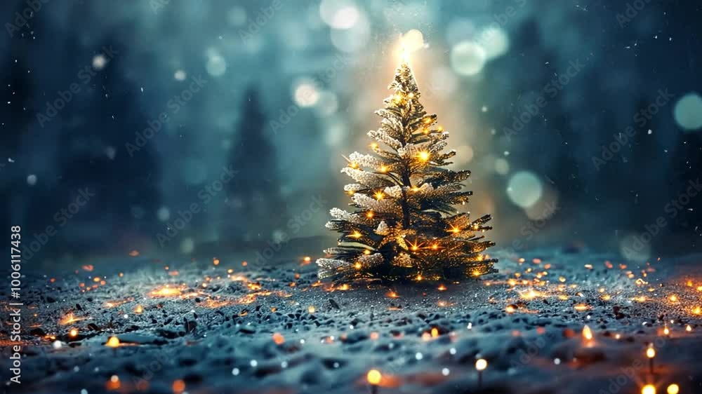 Aufkleber a christmas tree adorned with twinkling lights stands in a snowy landscape as gentle snowflakes fall