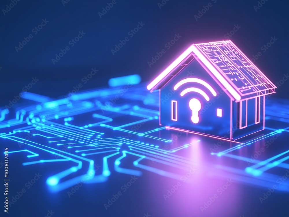 Poster a modern smart home icon with wi-fi signal and security symbol on a digital circuit background.