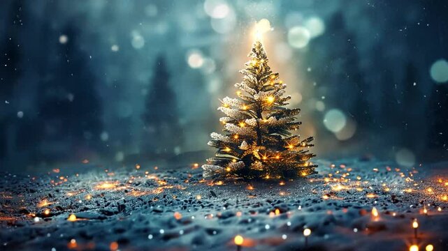 A Christmas tree adorned with twinkling lights stands in a snowy landscape as gentle snowflakes fall. The soft glow creates a tranquil winter atmosphere.