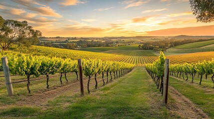 Naklejka premium A serene vineyard landscape at sunset, showcasing rows of grapevines and rolling hills.