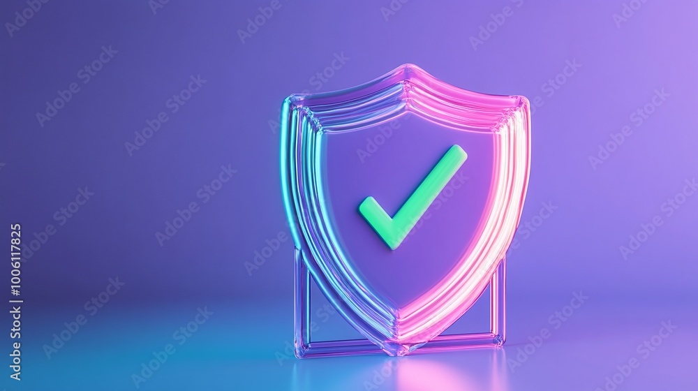 Poster a neon shield icon with a check mark, representing security and protection on a colorful background.