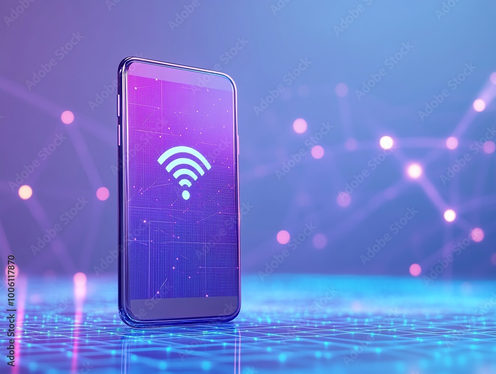 Poster a sleek smartphone displaying a wifi signal icon against a futuristic background with colorful digit