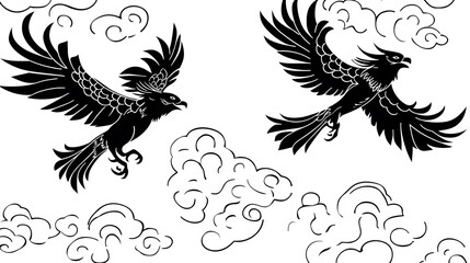Obraz premium Majestic Phoenixes in Flight, two phoenixes soaring against auspicious clouds, symbolizing prosperity and good fortune, intricate stencil design.