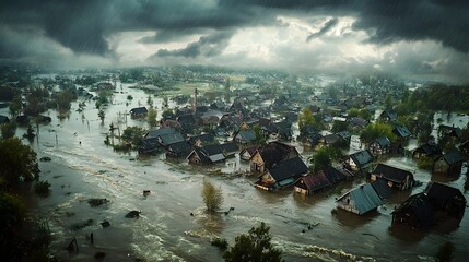 Dramatic aerial view of a flood stricken rural settlement with homes and buildings almost completely consumed by the rising floodwaters captured with cinematic lighting