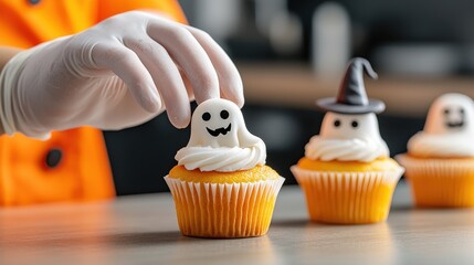 Halloween bakery workshop where chefs in spooky costumes decorate cupcakes shaped like witches and ghosts