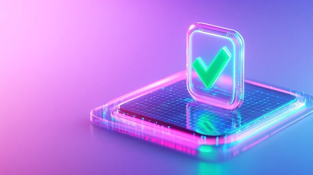 A vibrant neon checkmark icon on a glowing surface, illustrating confirmation and approval in a digital setting.