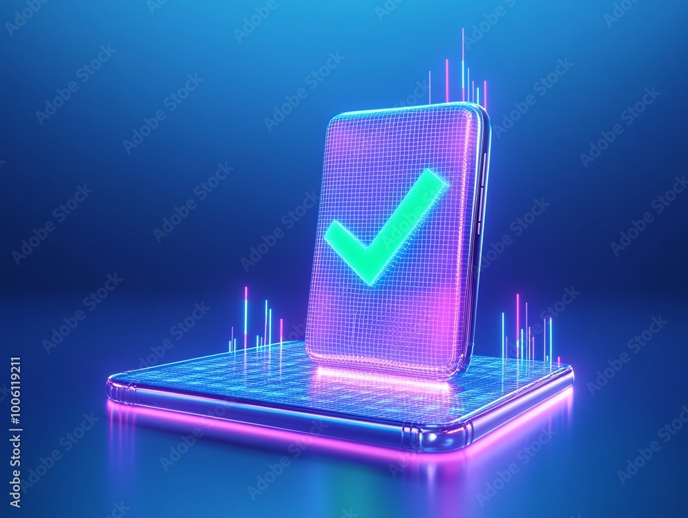 Poster a vibrant smartphone displaying a checkmark, surrounded by glowing data graphs in purple and blue hu