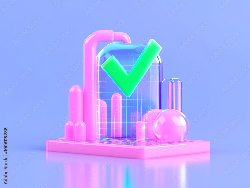 Poster abstract 3d illustration of a colorful processing unit with a check mark, representing validation an