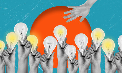 Illuminating ideas as hands reach for light bulbs against a vibrant backdrop representing...