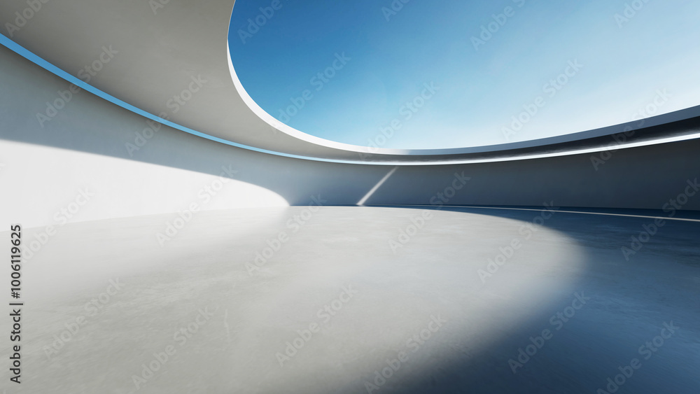 Poster 3d render of abstract curve structure futuristic architecture with empty concrete floor