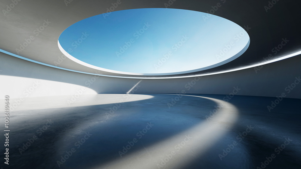 Poster 3d render of abstract curve structure futuristic architecture with empty concrete floor