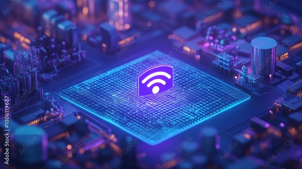 Poster abstract digital representation of a wireless symbol on a circuit board with vibrant colors and illu