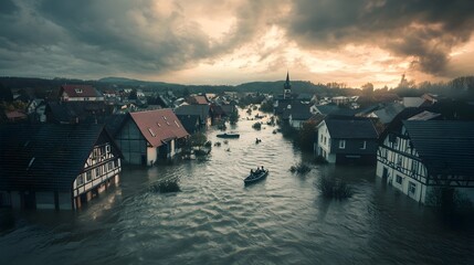 Fototapeta premium Dramatic aerial view of a quaint rural village partially submerged under a severe flood