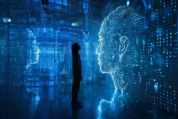 Exploring the digital realm of holographic faces in a futuristic art installation at a tech exhibition. Generative AI