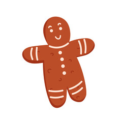 Christmas gingerbread man in in cartoon. Cute baked cookie character isolated on white background. Homemade sweets and biscuits design for greeting card.