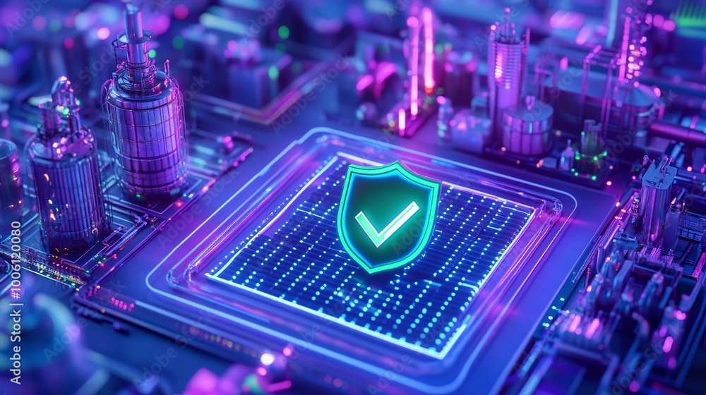 Poster abstract representation of digital security with shield symbol over circuit board, showcasing modern