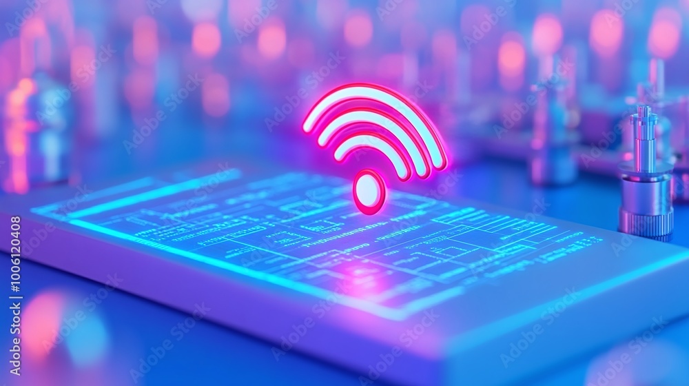 Aufkleber close-up of a digital device displaying a wi-fi signal icon in vibrant colors on a futuristic interf