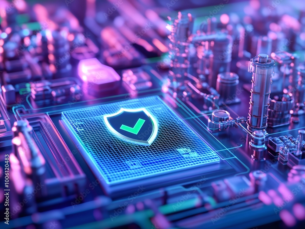 Poster close-up of a microchip with a protection shield symbol, showcasing advanced technology and digital 