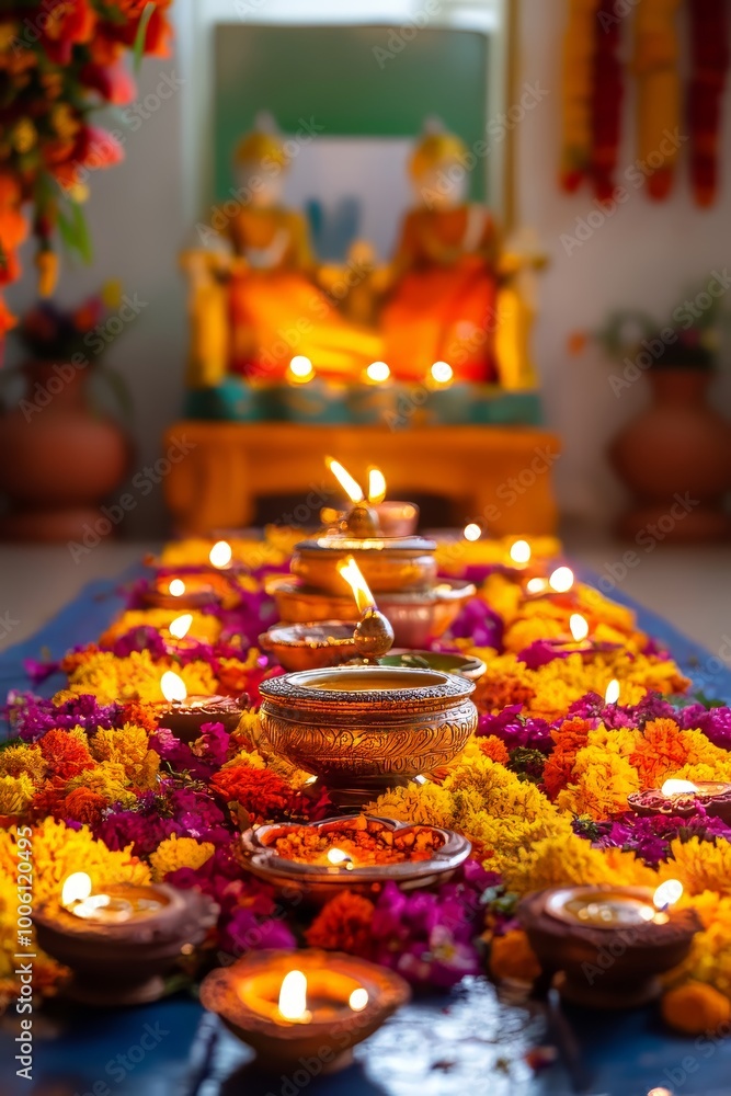 Poster A table is covered with many small bowls of different colors and sizes, each containing a single candle. The candles are lit, creating a warm and inviting atmosphere