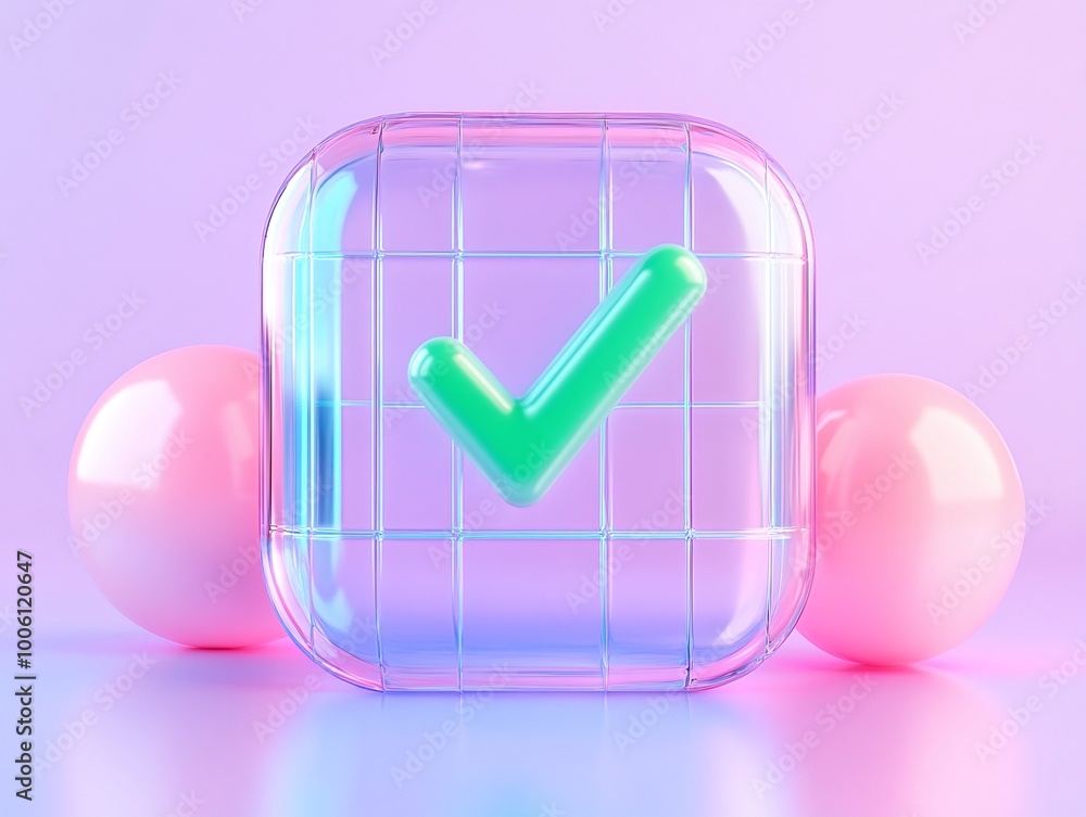 Poster colorful 3d checkmark icon surrounded by spheres on a soft gradient background.