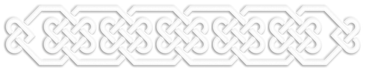 Celtic knot band, white. Linear border made with Celtic knots, which looks like a plaster ornament, for use in St. Patrick's Day designs.