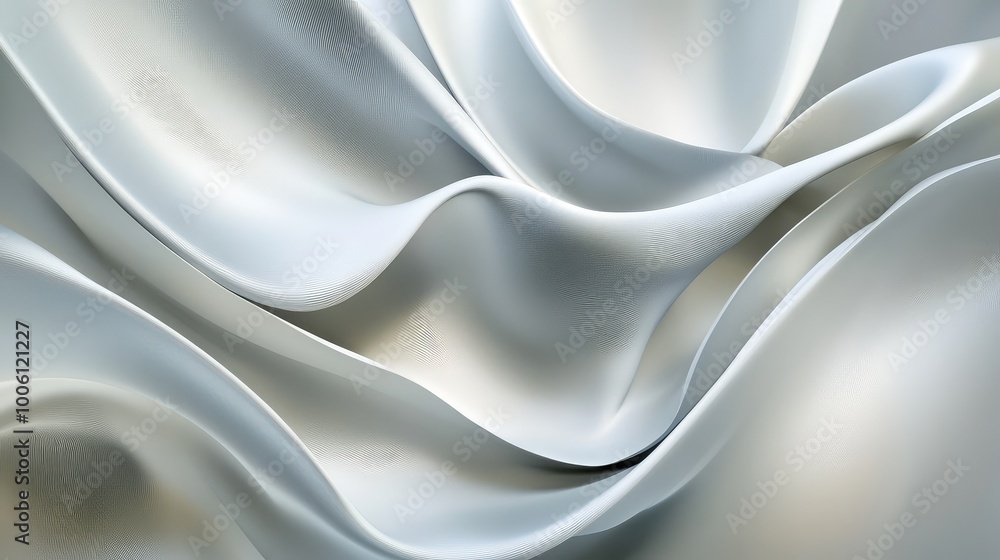 Poster flowing lines in shades of silver and white, creating a smooth, abstract background with soft curves