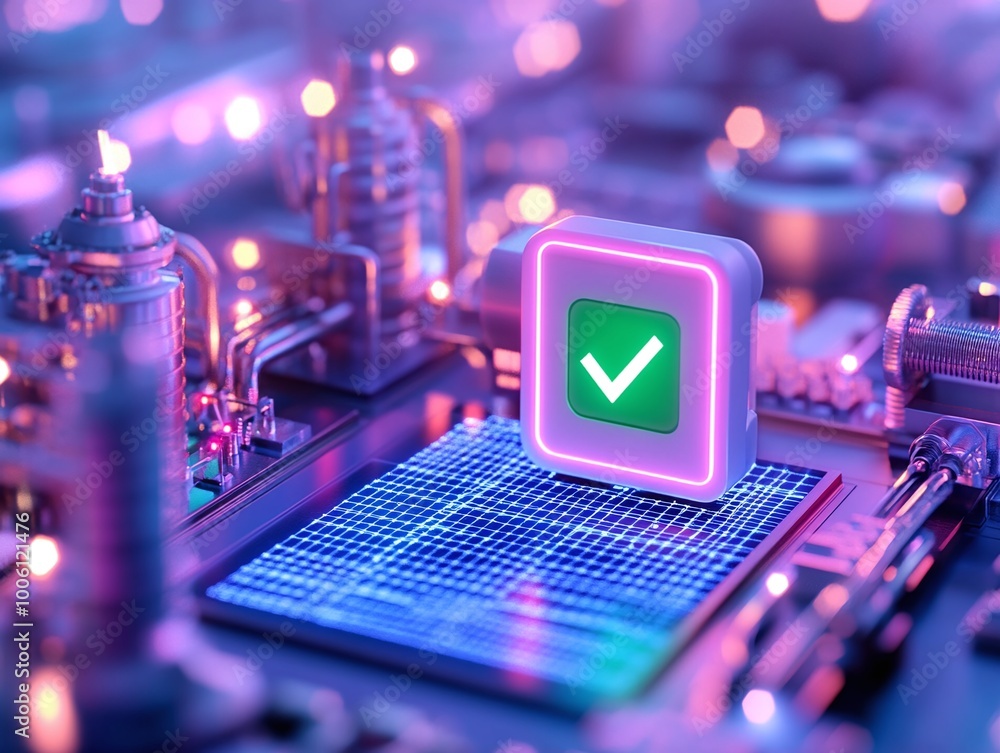 Poster detailed close-up of a software interface with a checkmark icon, illuminated in vibrant colors on a 