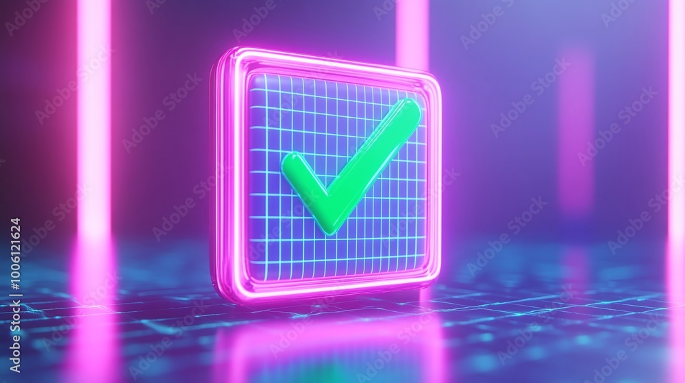 Poster digital checkmark symbol in neon style on a futuristic background, representing approval or completi