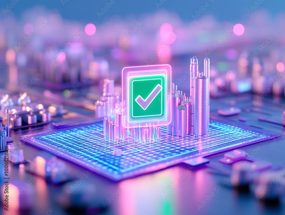 Poster digital checkmark symbol over a glowing circuit board background in a futuristic tech design.
