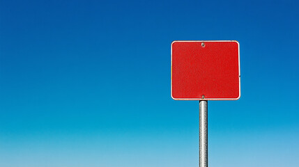 Red sign with no text, similar to road sign, against blue sky
