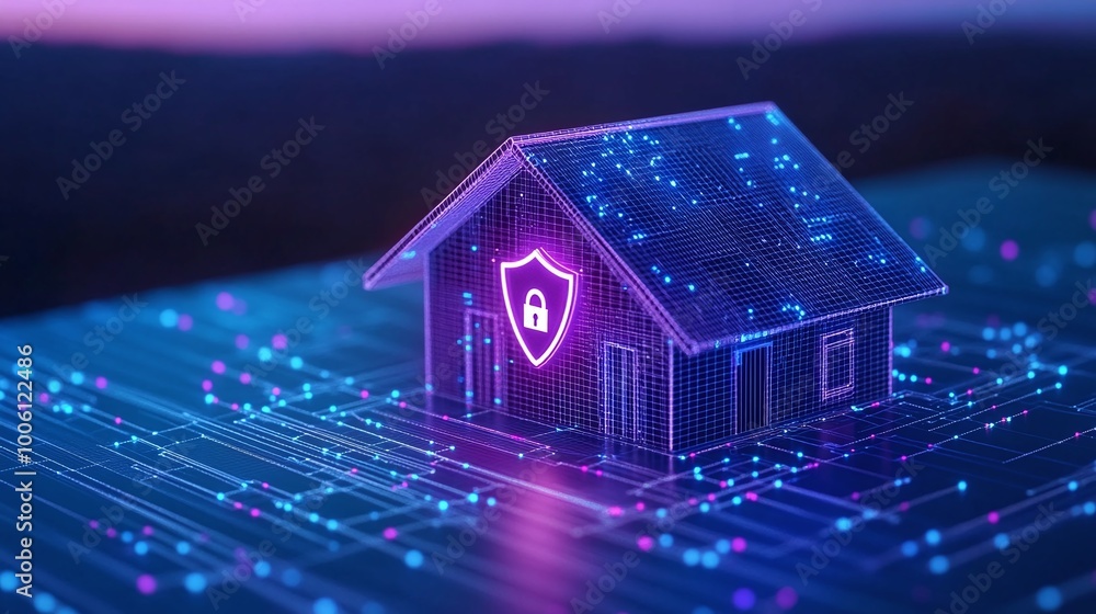 Poster digital house representation symbolizing cybersecurity and data protection on a tech background.