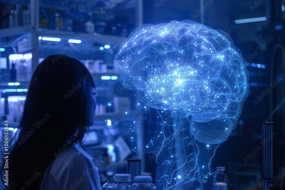Poster exploring the future of neuroscience in a high-tech laboratory with digital mind mapping and innovat