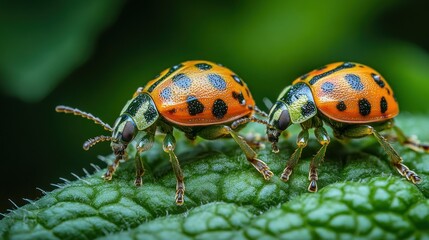Fototapeta premium Two Ladybugs on a Leaf