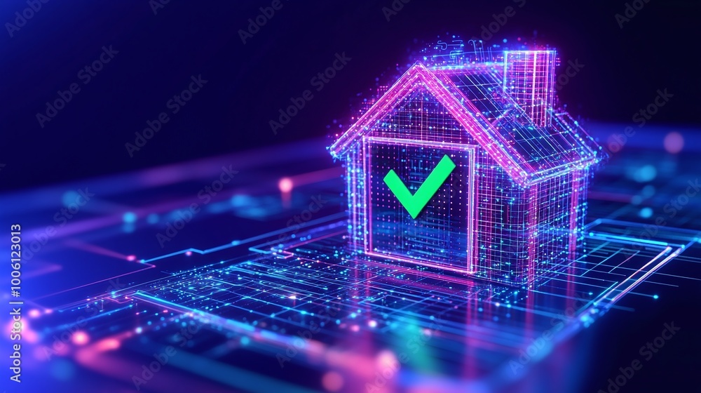 Poster digital representation of a house with a check mark, symbolizing smart home technology and verificat