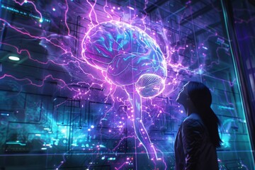 A woman gazes in awe at a vibrant brain display illuminated by electric currents in a futuristic tech environment. Generative AI
