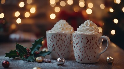 mug of hot cocoa with marshmallows and blurred christmas lights background