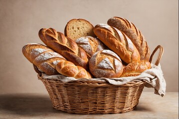 Assortment of freshly baked bread in a wicker basket