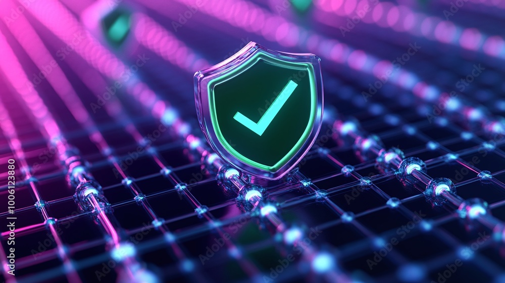 Poster digital shield icon on a glowing grid, symbolizing security and protection in the virtual world.