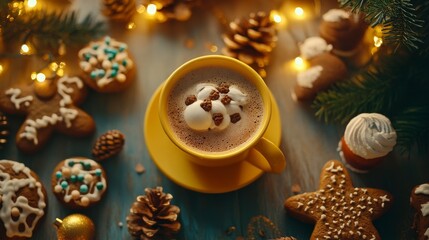 Yellow mug of hot cocoa with marshmallows and blurred christmas lights background