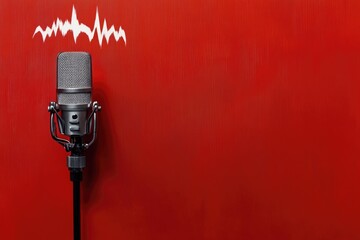 Fototapeta premium Microphone on red wall with sound waves