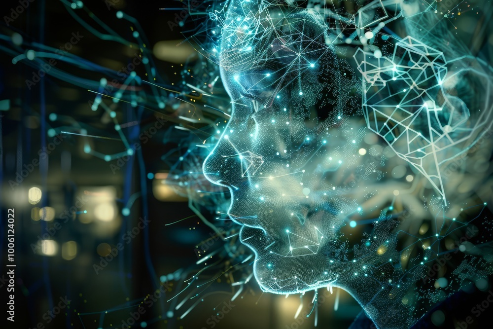 Poster exploring the intersection of technology and human cognition through a digitally enhanced face illum