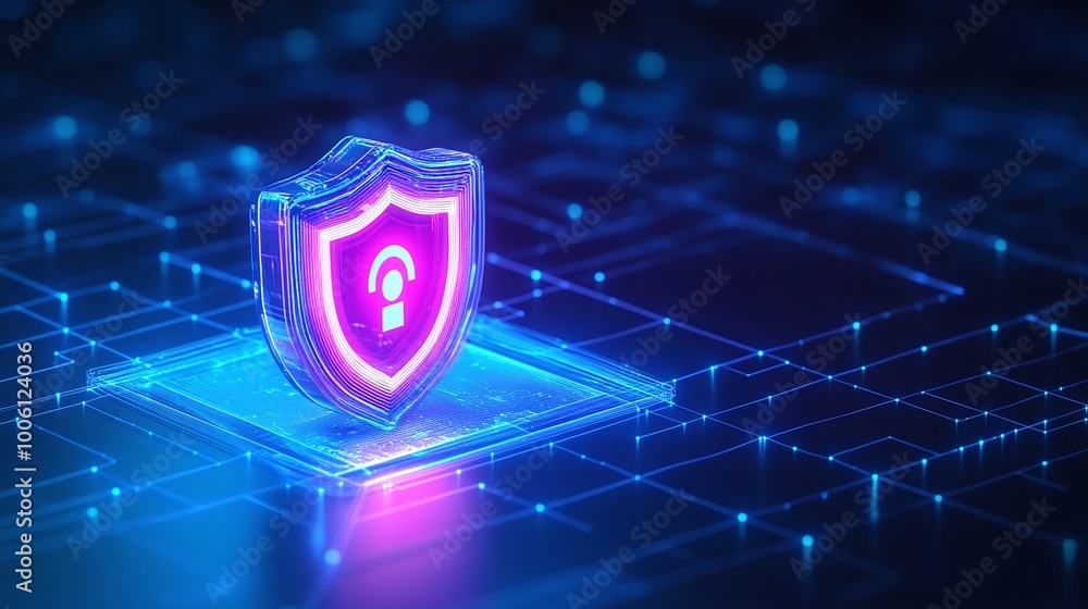 Poster digital shield symbolizing cybersecurity and data protection, glowing in a high-tech environment.