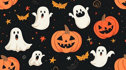 Cute and spooky Halloween pattern with smiling pumpkins, ghosts, and bats on a black background