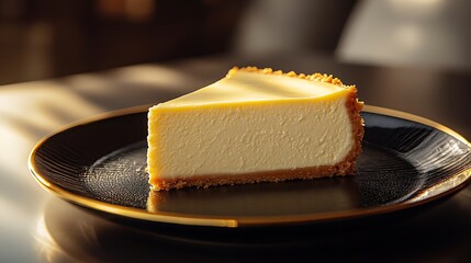 Cheesecake slice on a black and gold-rimmed plate, soft warm lighting highlighting the glossy surface, creamy texture of the cheesecake in focus, gold rim reflecting subtle light,