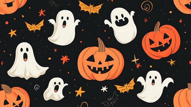 Cute and spooky Halloween pattern with smiling pumpkins, ghosts, and bats on a black background