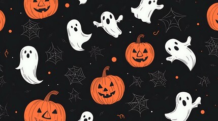 Cute spooky Halloween pattern with pumpkins, tiny ghosts, and spiderwebs on a black background