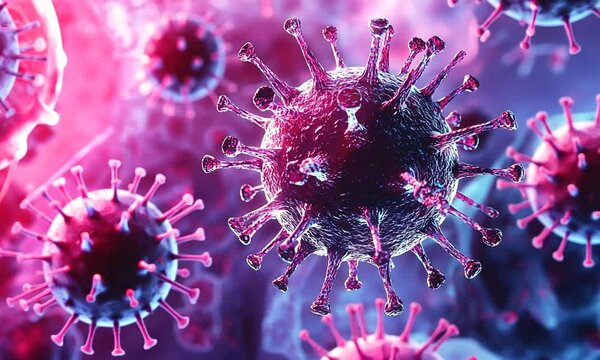 concept of corona virus covid 19 with microscope, 3d illustration of virus in computer